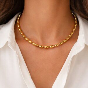 Golden Hematite Beaded Statement Necklace in Goldtone 20 Inch